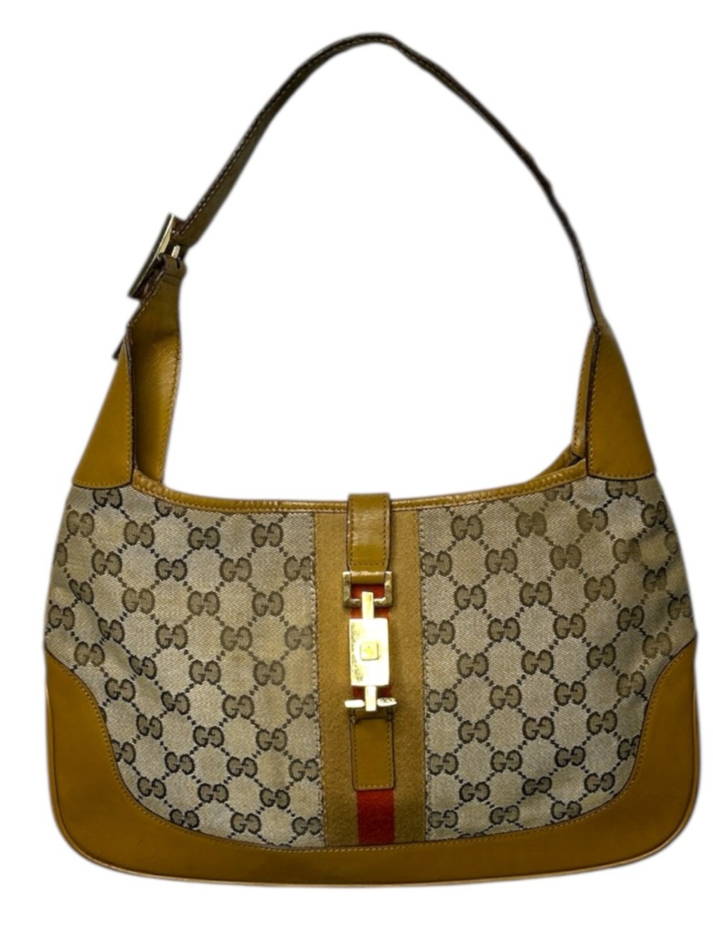 Gucci Jackie GG Monogram Canvas Hobo Bag Web Stripe Tan Leather Trim Vintage Y2K